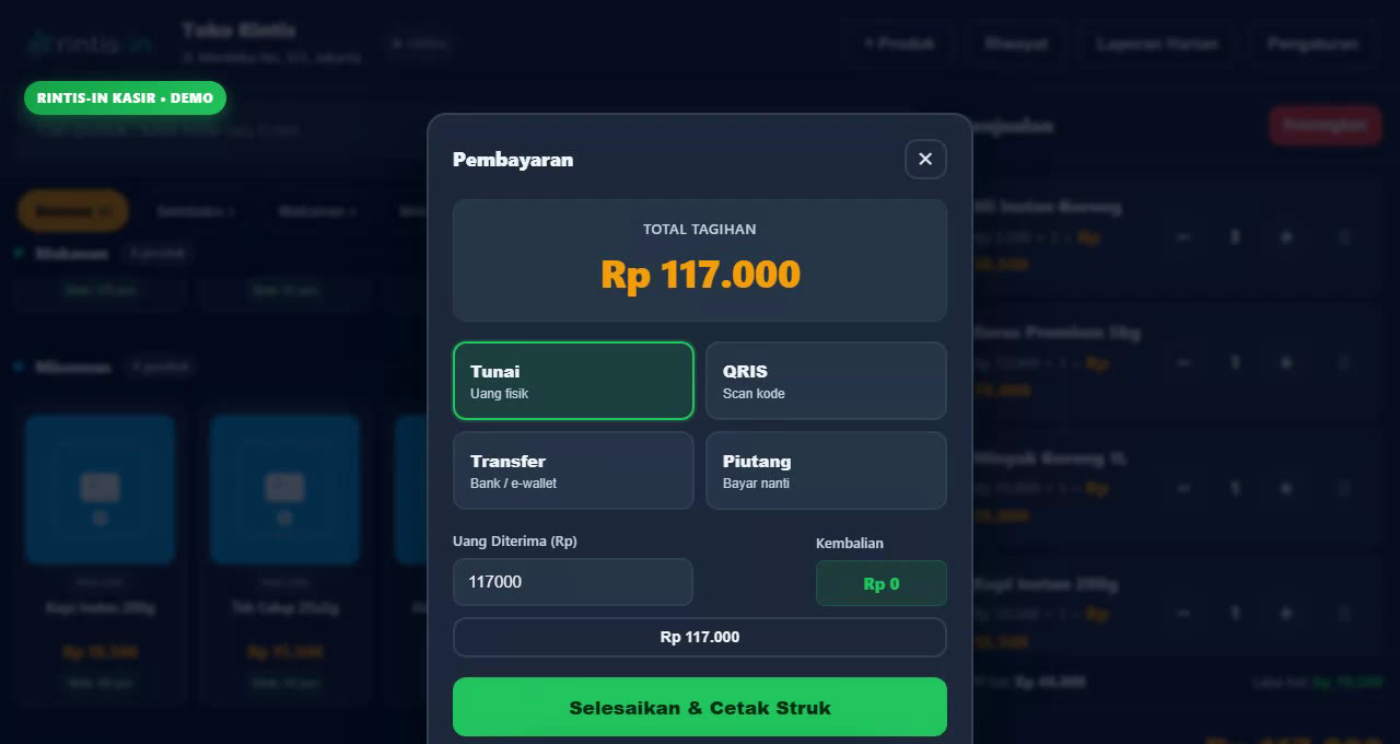 Modal pembayaran dengan metode tunai, QRIS, transfer, piutang